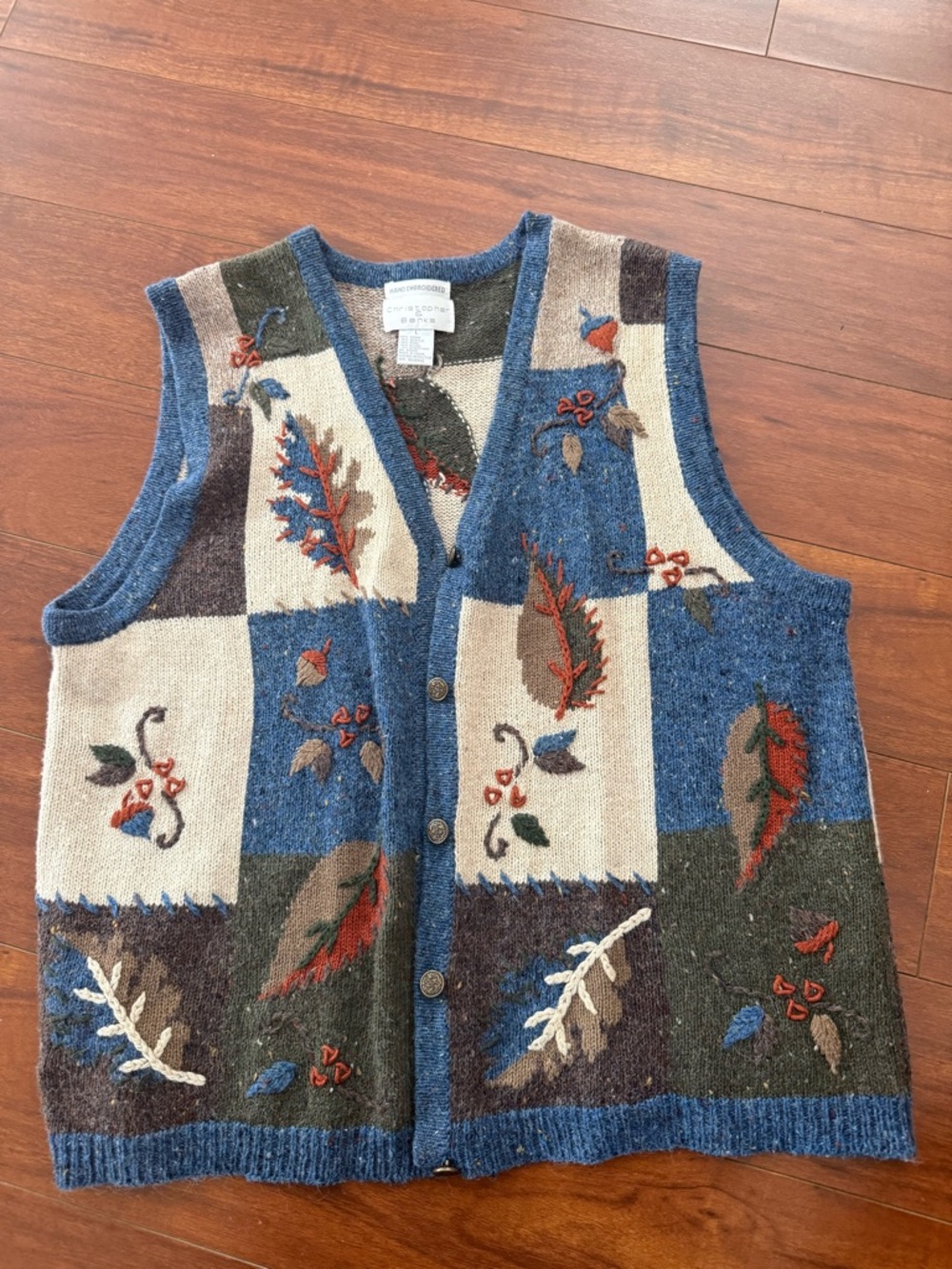 Blue Patchwork Embroidered Sweater Vest cottage core whimsical cozy large